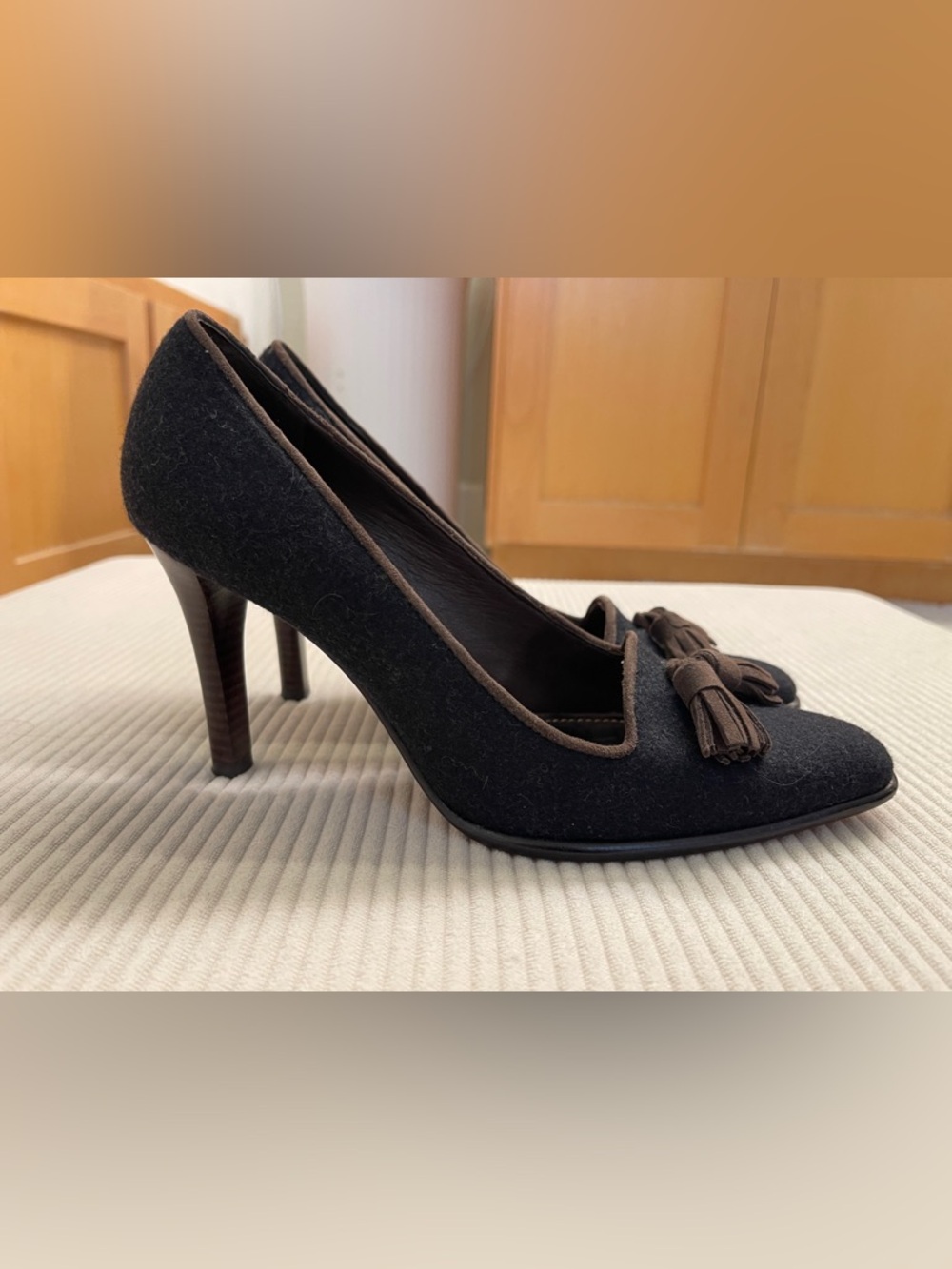 Lauren Ralph Lauren Black Wool Tassel Pump with Brown Trim